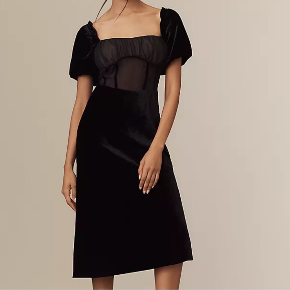 By Anthropologie Puff-Sleeve Mesh Velvet Midi Dress Size XS NWT Cocktail Party